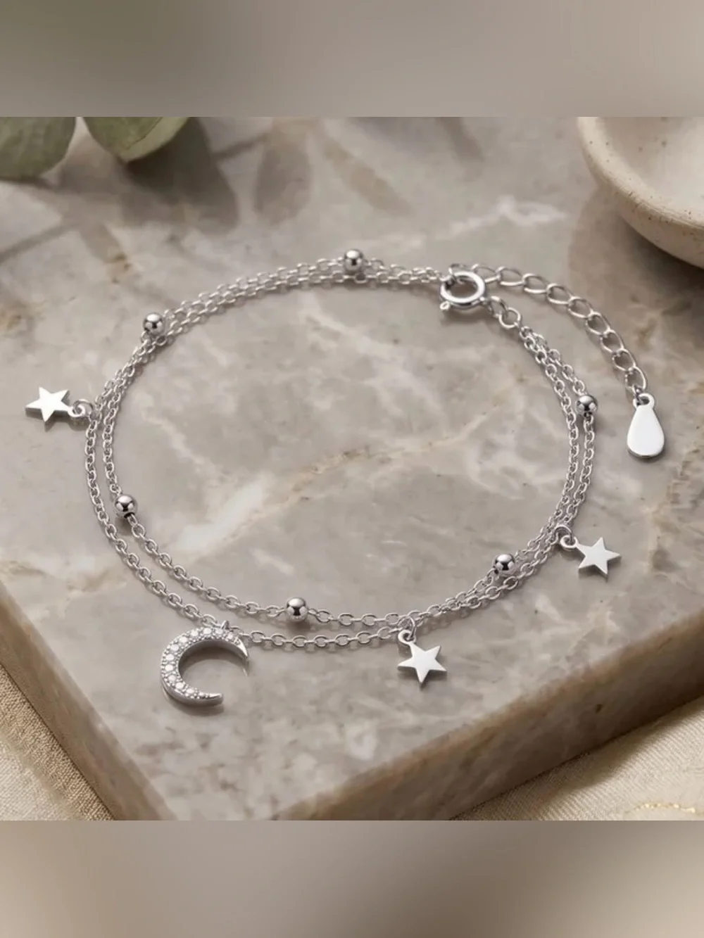 Celestial Double Chain Charm Bracelet | 925 Sterling Silver | Sz 6 3/8 + 1 5/8”